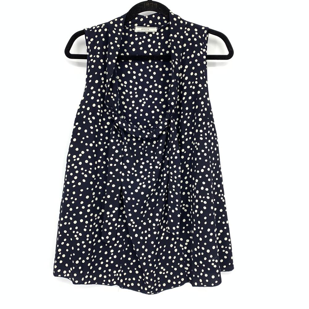 ModCloth Poema Draped Neck Sleeveless Blouse Womens Sz M Navy White Polka Dot